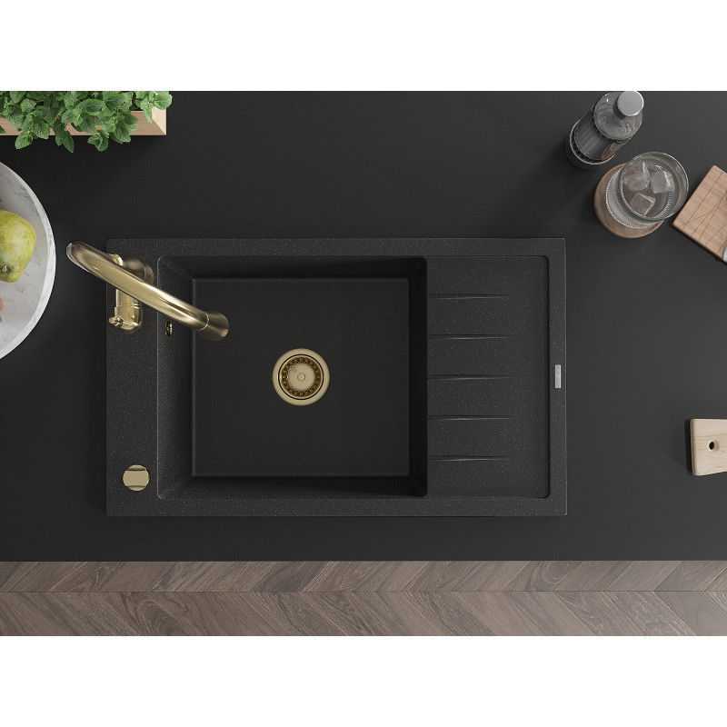 Mexen Elias granite sink, 1-bowl with drainer and Savita kitchen tap, black/silver metallic- 6511-73-672601-50