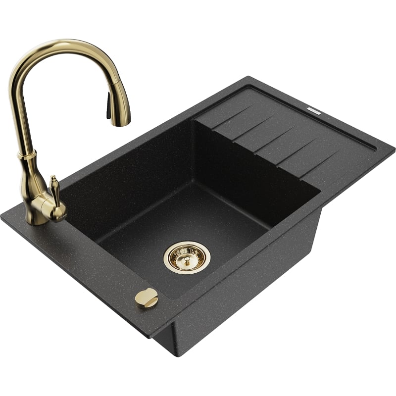 Mexen Elias granite kitchen sink 1-bowl with drainer and Savita kitchen faucet, black/silver metallic - 6511-73-672601-50