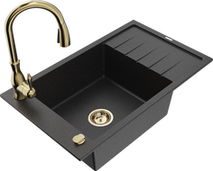 Mexen Elias 1-compartment granite sink with a drip tray and kitchen mixer tap Savita, Black/Silver metallic- 6511-73-672601-50