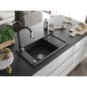 Mexen Elias granite sink single-bowl with drainer and Savita kitchen tap, black/silver metallic- 6511-73-672601-70