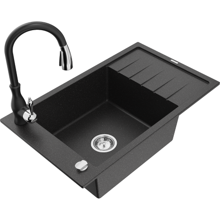 Mexen Elias granite kitchen sink 1-bowl with drainer and kitchen faucet Savita, black/silver metallic - 6511-73-672601-70