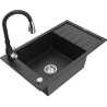 Mexen Elias granite sink single-bowl with drainer and Savita kitchen tap, black/silver metallic- 6511-73-672601-70