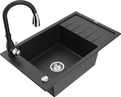 Mexen Elias granite sink single-bowl with drainer and Savita kitchen tap, black/silver metallic- 6511-73-672601-70