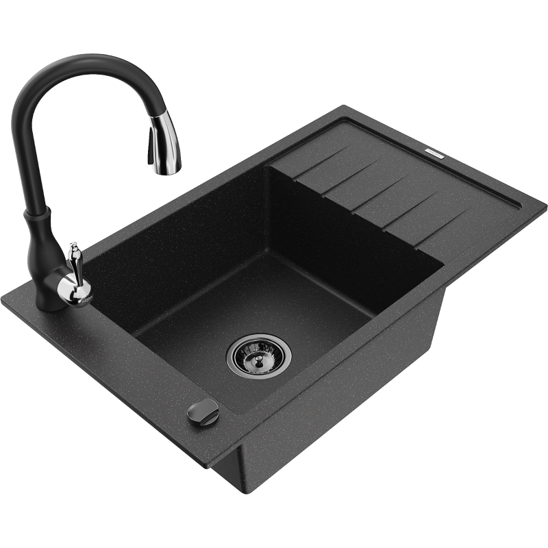 Mexen Elias 1-compartment granite sink with a drip tray and kitchen mixer tap Savita, Black/Silver metallic- 6511-73-672601-70-B