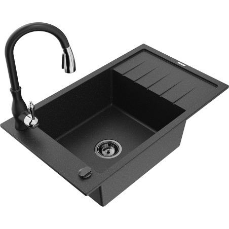 Mexen Elias granite sink 1-bowl with drainer and Savita kitchen tap, black/silver metallic- 6511-73-672601-70-B