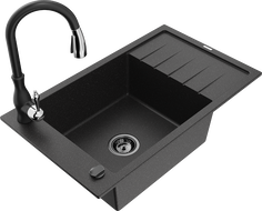 Mexen Elias granite sink 1-bowl with drainer and Savita kitchen tap, black/silver metallic- 6511-73-672601-70-B