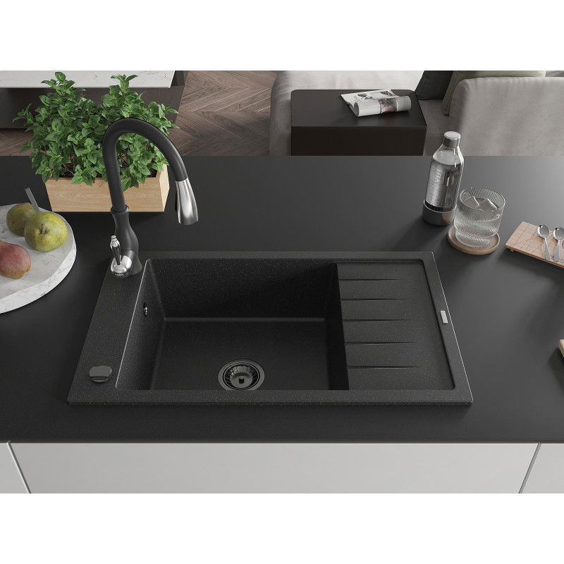 Mexen Elias granite sink 1-bowl with drainer and Savita kitchen tap, black/silver metallic- 6511-73-672601-70-B