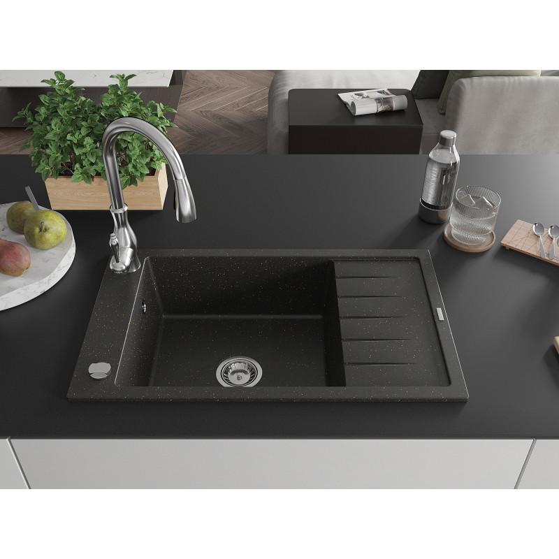 Mexen Elias granite kitchen sink with one compartment, drainer, and Savita kitchen faucet, black/golden metallic