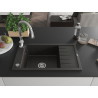 Mexen Elias granite kitchen sink with one compartment, drainer, and Savita kitchen faucet, black/golden metallic