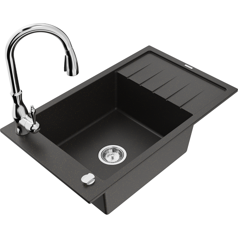 Mexen Elias 1-compartment granite sink with a drip tray and kitchen mixer tap Savita, Black/Gold metallic- 6511-75-672601-00