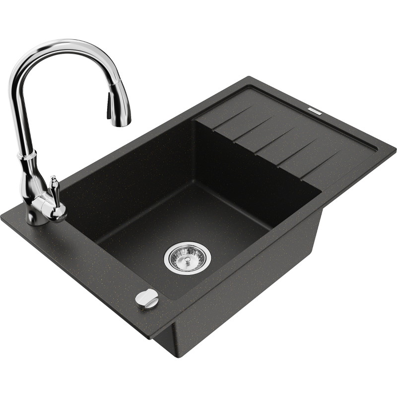 Mexen Elias granite kitchen sink with one compartment, drainer, and Savita kitchen faucet, black/golden metallic
