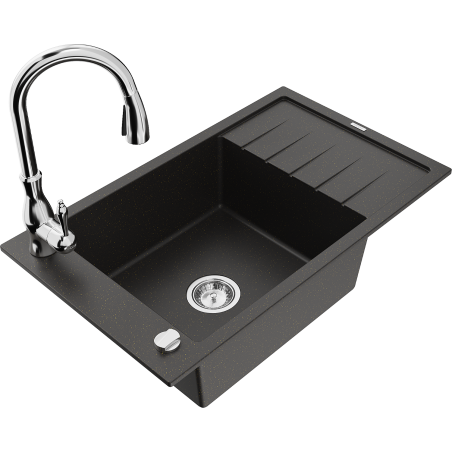 Mexen Elias 1-compartment granite sink with a drip tray and kitchen mixer tap Savita, Black/Gold metallic- 6511-75-672601-00