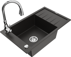 Mexen Elias granite sink 1-bowl with drainer and Savita kitchen tap, black/gold metallic- 6511-75-672601-00