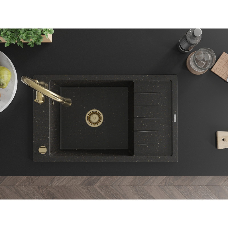 Mexen Elias Single-bowl granite kitchen sink with drainer and Savita kitchen faucet, black/golden metallic - 6511-75-672601-50