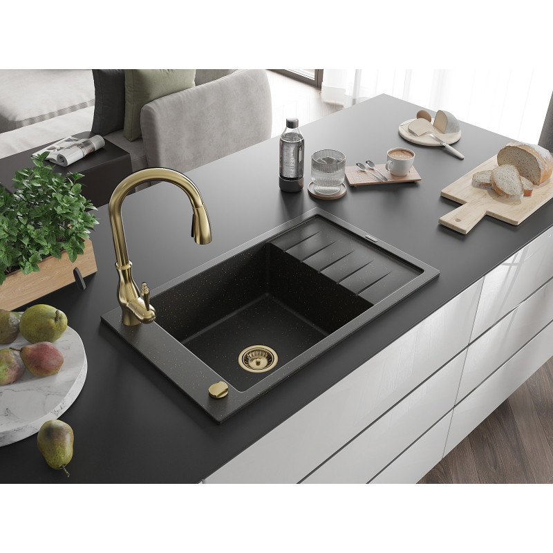 Mexen Elias granite sink with 1-bowl, drainer, and Savita kitchen faucet, black/golden metallic - 6511-75-672601-50