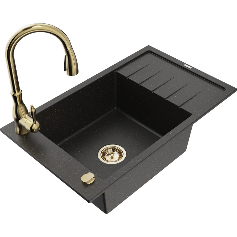 Mexen Elias granite sink with 1-bowl, drainer, and Savita kitchen faucet, black/golden metallic - 6511-75-672601-50
