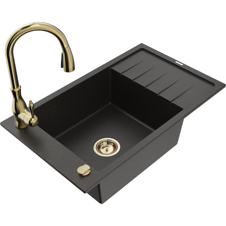 Mexen Elias granite sink with 1-bowl, drainer, and Savita kitchen faucet, black/golden metallic - 6511-75-672601-50