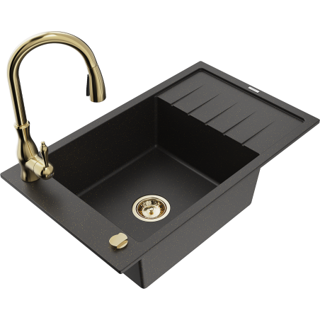 Mexen Elias Single-bowl granite kitchen sink with drainer and Savita kitchen faucet, black/golden metallic - 6511-75-672601-50
