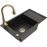 Mexen Elias Single-bowl granite kitchen sink with drainer and Savita kitchen faucet, black/golden metallic - 6511-75-672601-50