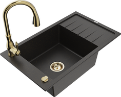 Mexen Elias granite single-bowl sink with drainer and Savita kitchen tap, black/gold metallic - 6511-75-672601-50