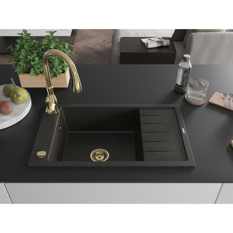 Mexen Elias granite single-bowl sink with drainer and Savita kitchen tap, black/gold metallic - 6511-75-672601-50