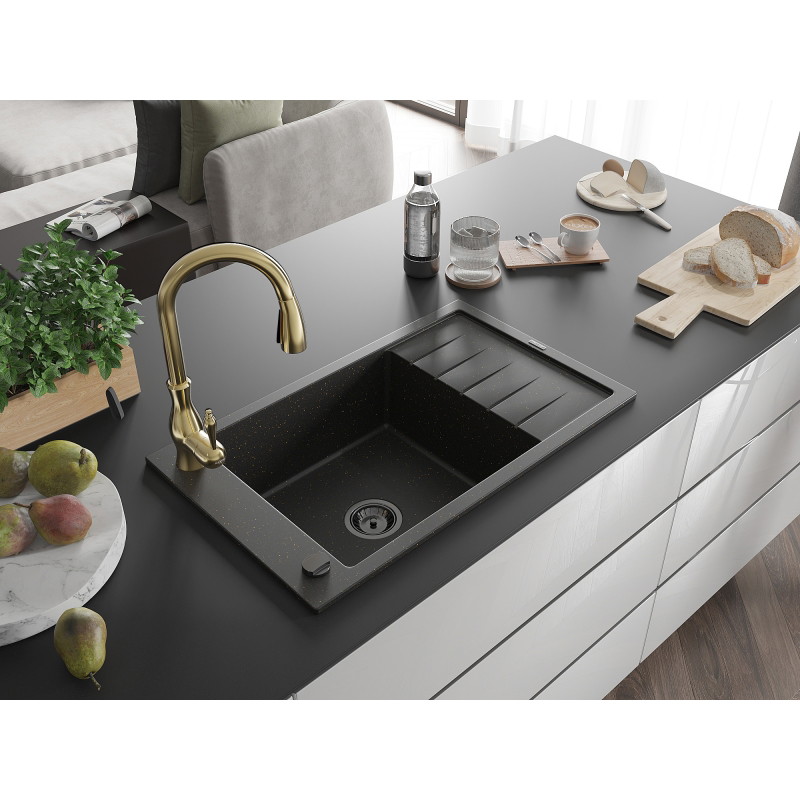 Mexen Elias 1-bowl granite sink with drainer and Savita kitchen faucet, black/gold metallic - 6511-75-672601-50-B