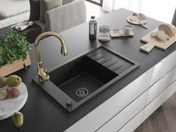 Mexen Elias 1-compartment granite sink with a drip tray and kitchen mixer tap Savita, Black/Gold metallic - 6511-75-672601-50-B