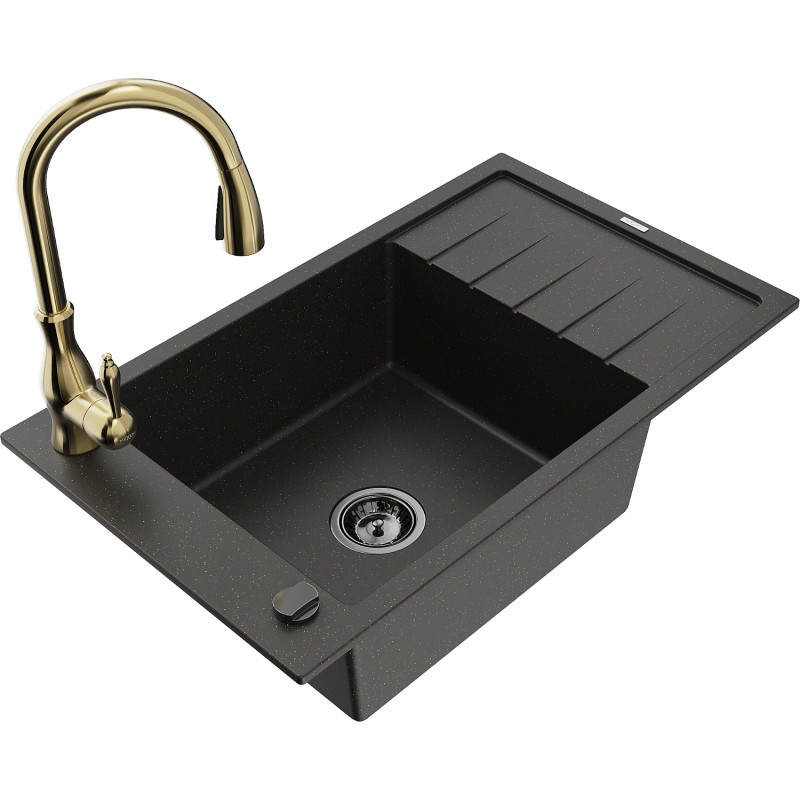 Mexen Elias granite kitchen sink 1-bowl with drainer and Savita kitchen faucet, black/gold metallic - 6511-75-672601-50-B