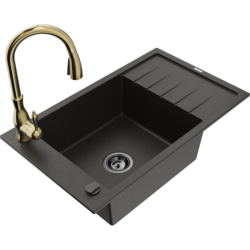 Mexen Elias granite kitchen sink 1-bowl with drainer and Savita kitchen tap, black/gold metallic - 6511-75-672601-50-B