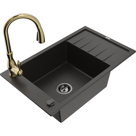 Mexen Elias 1-bowl granite sink with drainer and Savita kitchen faucet, black/gold metallic - 6511-75-672601-50-B