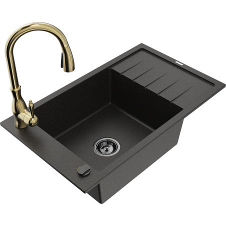 Mexen Elias granite kitchen sink 1-bowl with drainer and Savita kitchen tap, black/gold metallic - 6511-75-672601-50-B