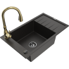 Mexen Elias granite kitchen sink 1-bowl with drainer and Savita kitchen faucet, black/gold metallic - 6511-75-672601-50-B