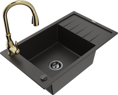 Mexen Elias granite kitchen sink 1-bowl with drainer and Savita kitchen faucet, black/gold metallic - 6511-75-672601-50-B