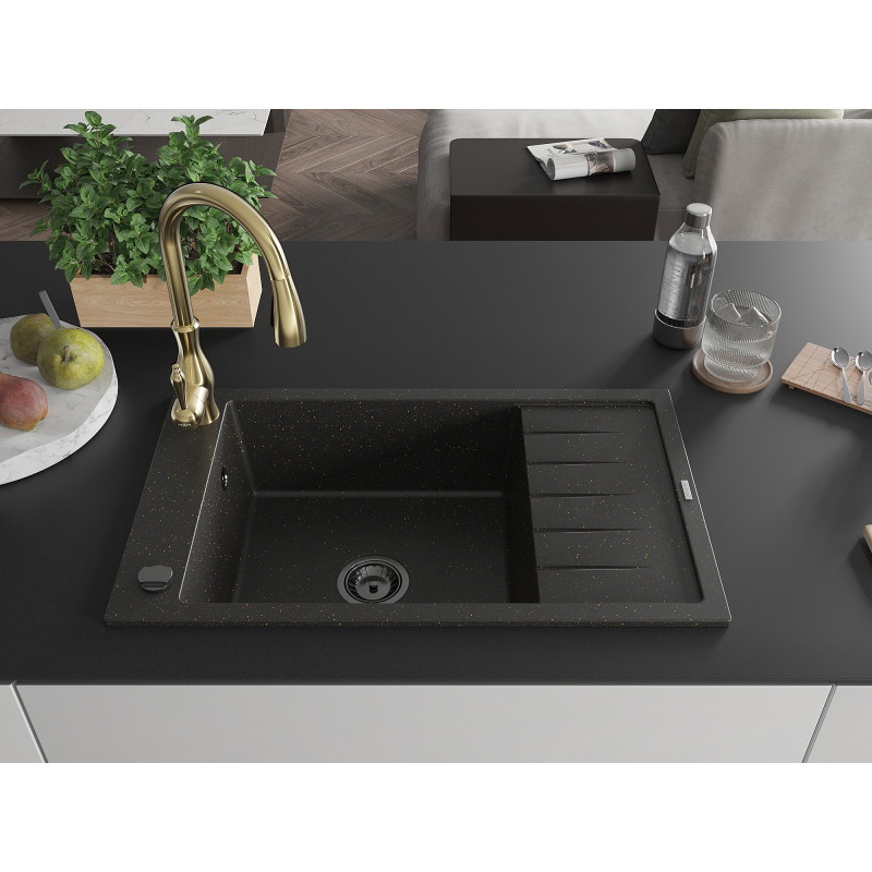 Mexen Elias 1-bowl granite sink with drainer and Savita kitchen faucet, black/gold metallic - 6511-75-672601-50-B