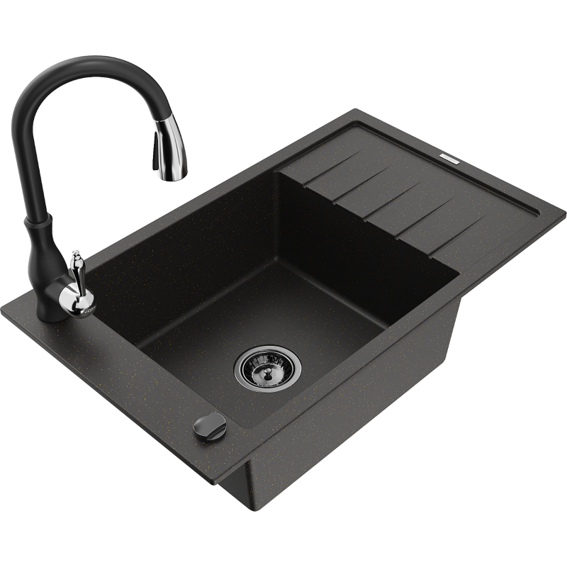 Mexen Elias 1-compartment granite sink with a drip tray and kitchen mixer tap Savita, Black/Gold metallic - 6511-75-672601-70-B