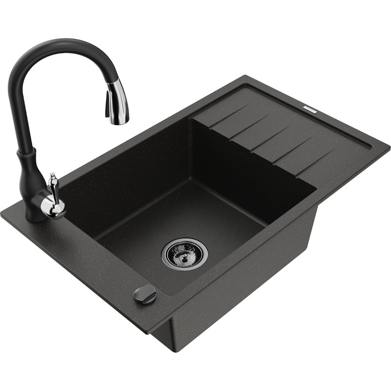 Mexen Elias 1-Compartment Granite Sink with Drainer and Savita Kitchen Faucet, Black/Gold Metallic - 6511-75-672601-70-B