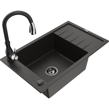 Mexen Elias 1-Compartment Granite Sink with Drainer and Savita Kitchen Faucet, Black/Gold Metallic - 6511-75-672601-70-B