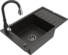 Mexen Elias granite sink 1-bowl with drainer and Savita kitchen tap, black/gold metallic - 6511-75-672601-70-B