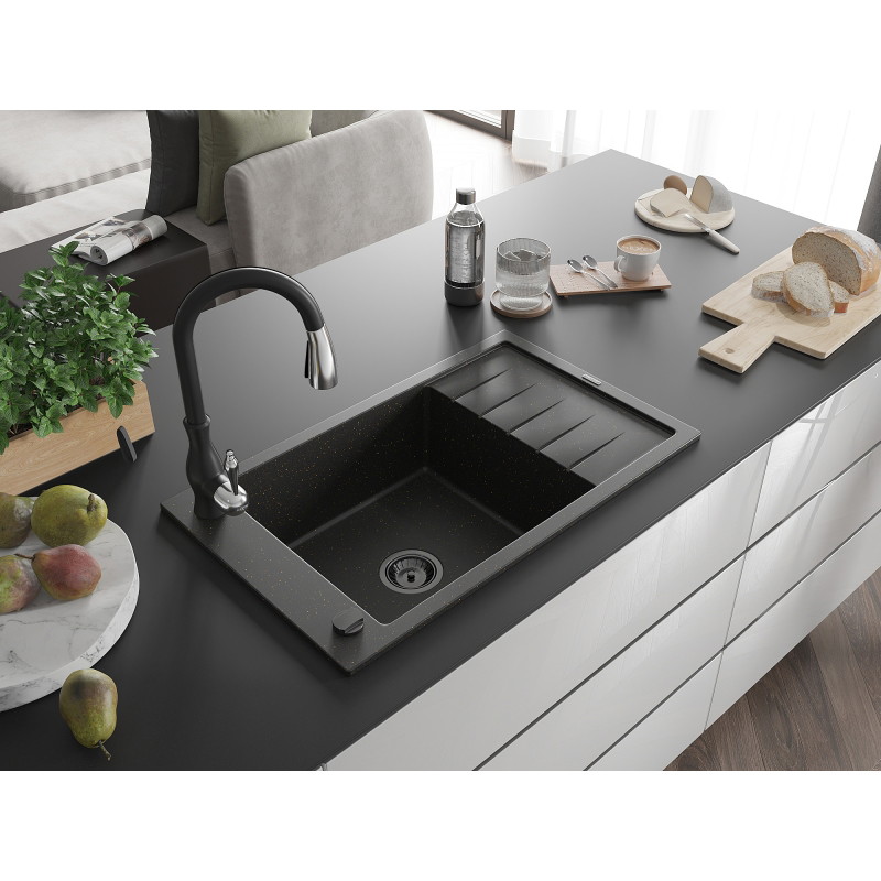 Mexen Elias 1-Compartment Granite Sink with Drainer and Savita Kitchen Faucet, Black/Gold Metallic - 6511-75-672601-70-B