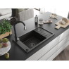 Mexen Elias single-bowl granite sink with drainer and Savita kitchen faucet, black/gold metallic - 6511-75-672601-70-B