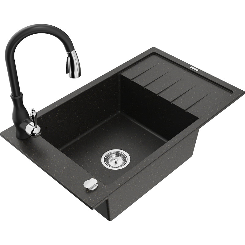 Mexen Elias granite kitchen sink 1-bowl with drainer and kitchen faucet Savita, black/gold metallic - 6511-75-672601-70