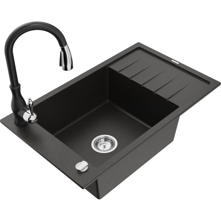 Mexen Elias granite kitchen sink 1-bowl with drainer and kitchen faucet Savita, black/gold metallic - 6511-75-672601-70