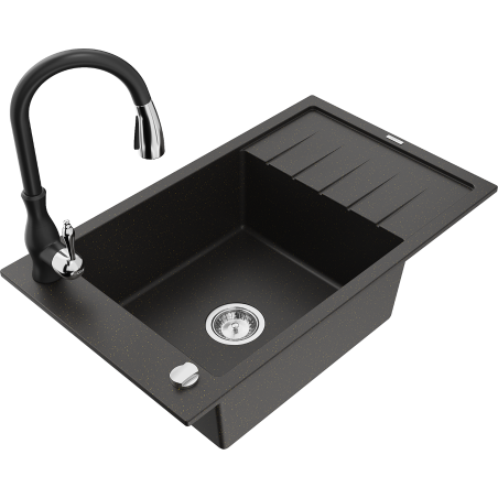 Mexen Elias granite single-bowl sink with drainer and Savita kitchen faucet, black/gold metallic - 6511-75-672601-70