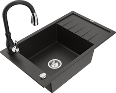 Mexen Elias granite single-bowl sink with drainer and Savita kitchen faucet, black/gold metallic - 6511-75-672601-70