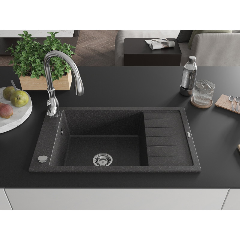Mexen Elias 1-bowl granite sink with drainer and Savita kitchen faucet, black speckled - 6511-76-672601-00
