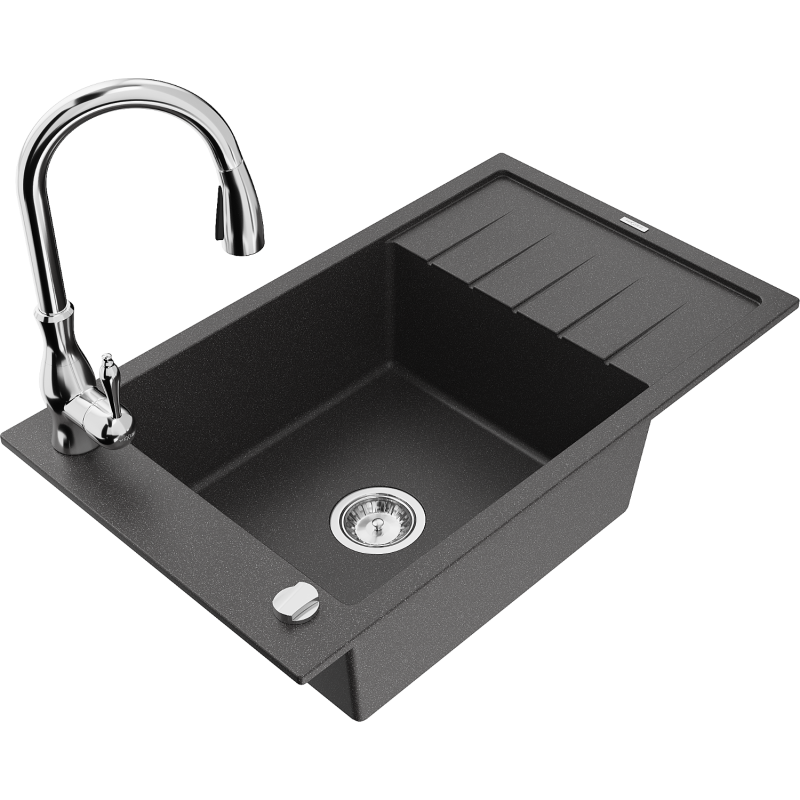 Mexen Elias 1-bowl granite sink with drainer and Savita kitchen tap, speckled black - 6511-76-672601-00