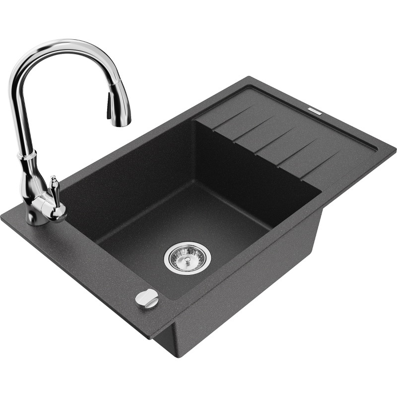 Mexen Elias granite kitchen sink 1-bowl with drainer and Savita kitchen faucet, speckled black - 6511-76-672601-00