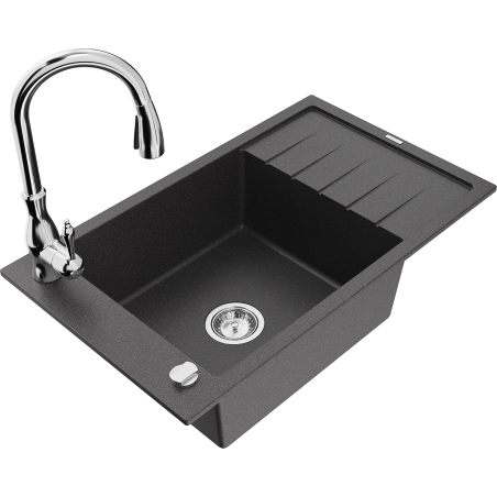 Mexen Elias granite kitchen sink 1-bowl with drainer and Savita kitchen faucet, speckled black - 6511-76-672601-00