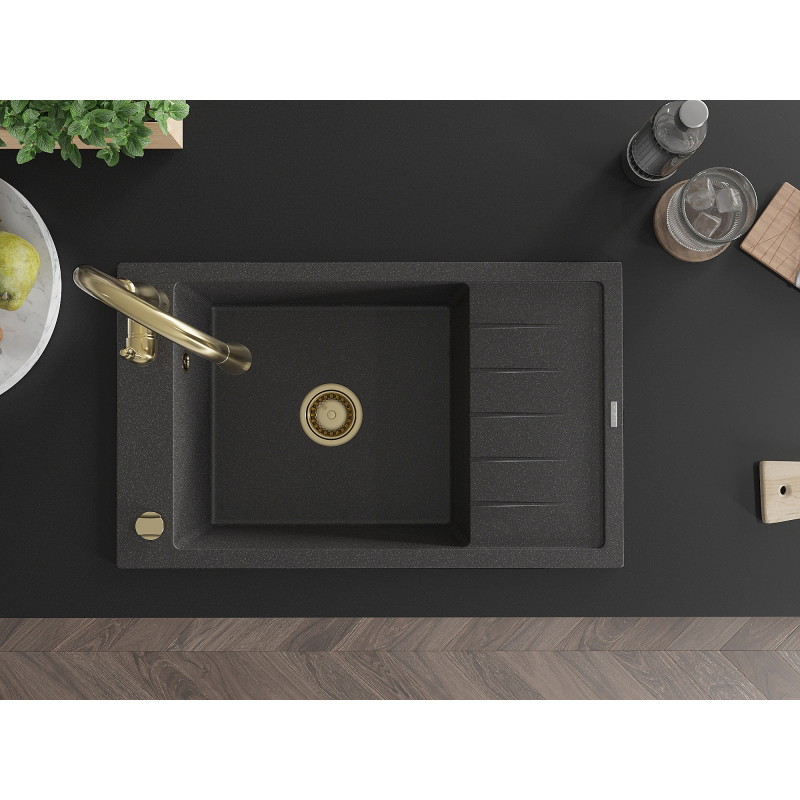 Mexen Elias granite kitchen sink single-bowl with drainer and Savita faucet, speckled black - 6511-76-672601-50