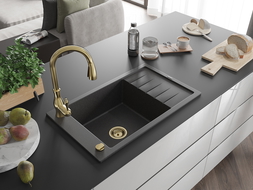 Mexen Elias 1-compartment granite sink with a drip tray and kitchen mixer tap Savita, spotted black - 6511-76-672601-50